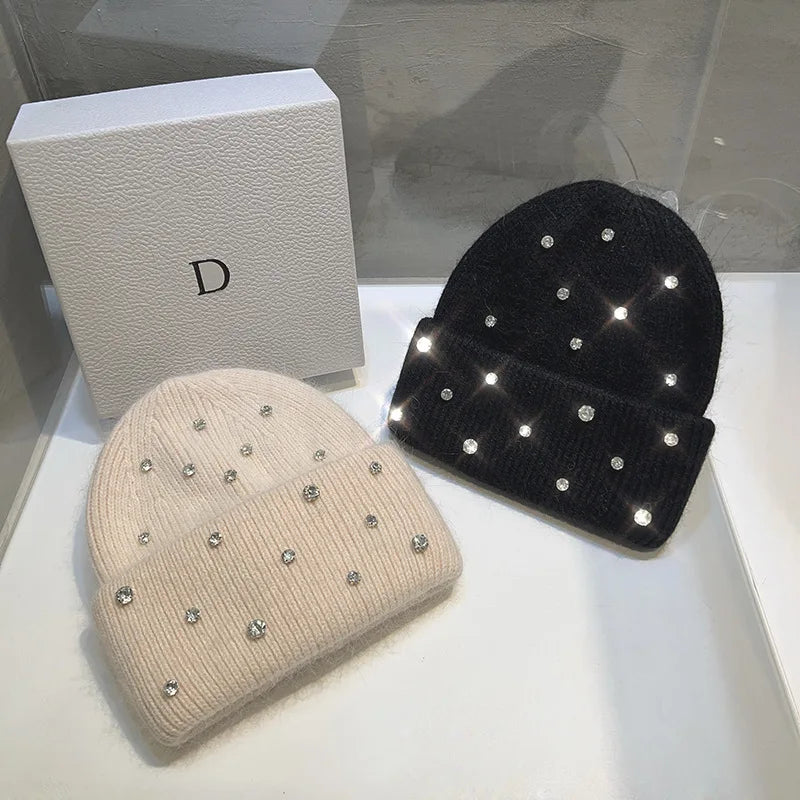 Luxury Rhinestone Beads Knitted Hat Korean Women