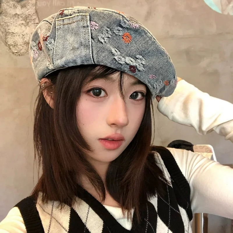 Japanese Retro Splicing Denim Octagonal Newsboy Cap