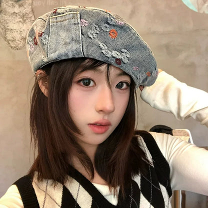 Japanese Retro Splicing Denim Octagonal Newsboy Cap
