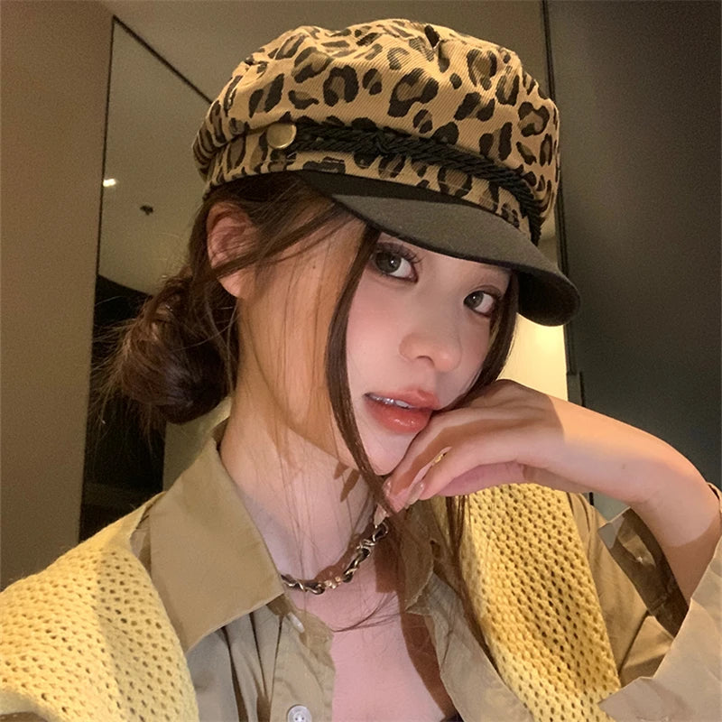 Women Leopard Berets Autumn Winter Vintage Octagonal Cap