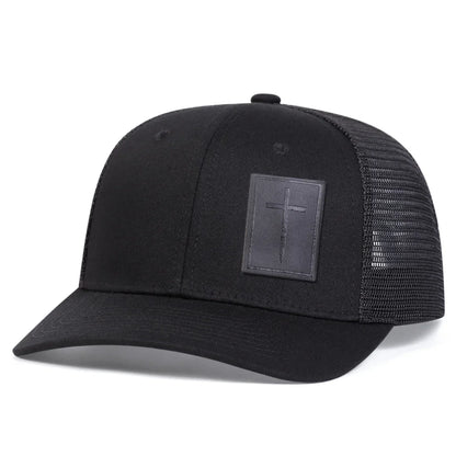 Unisex Cross Black Leather Label Baseball Net Caps Spring Summer