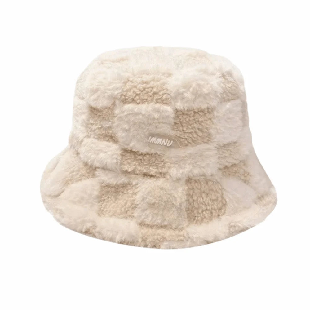 Plaid Checkered Women Bucket Hat Faux Fur Adjustable Checkered Basin Hat
