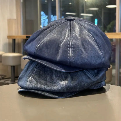 Vintage Distressed Leather Baker Boy Cap