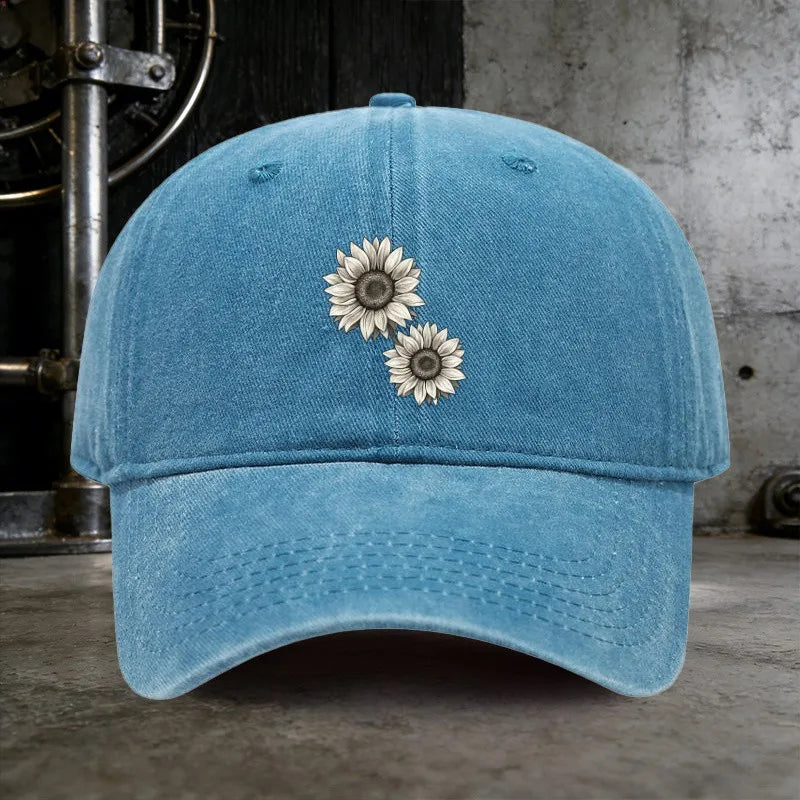 Sunflower Print Washed Baseball Cap Distressed Cotton Vintage
