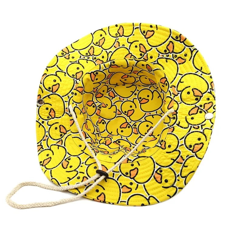 New Yellow Duck Pattern Fisherman's Hat Wide Brim Band Elastic Shrink Rope Unisex