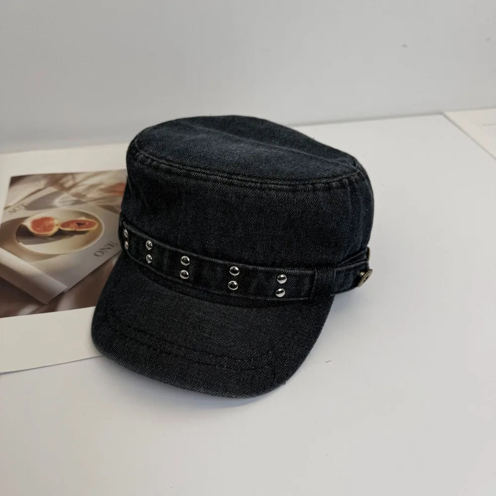Personality Cloth Rivet Denim Beret Y2k Washed Denim Equestrian Hat
