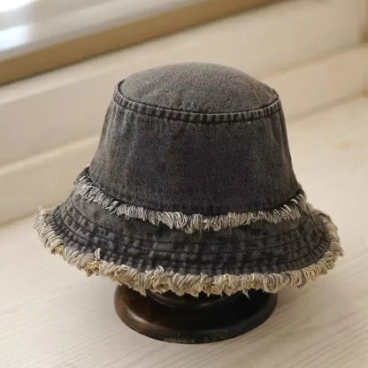 Unisex Washed Denim Bucket Hat Soft Foldable Tassel Brim Sun Hat