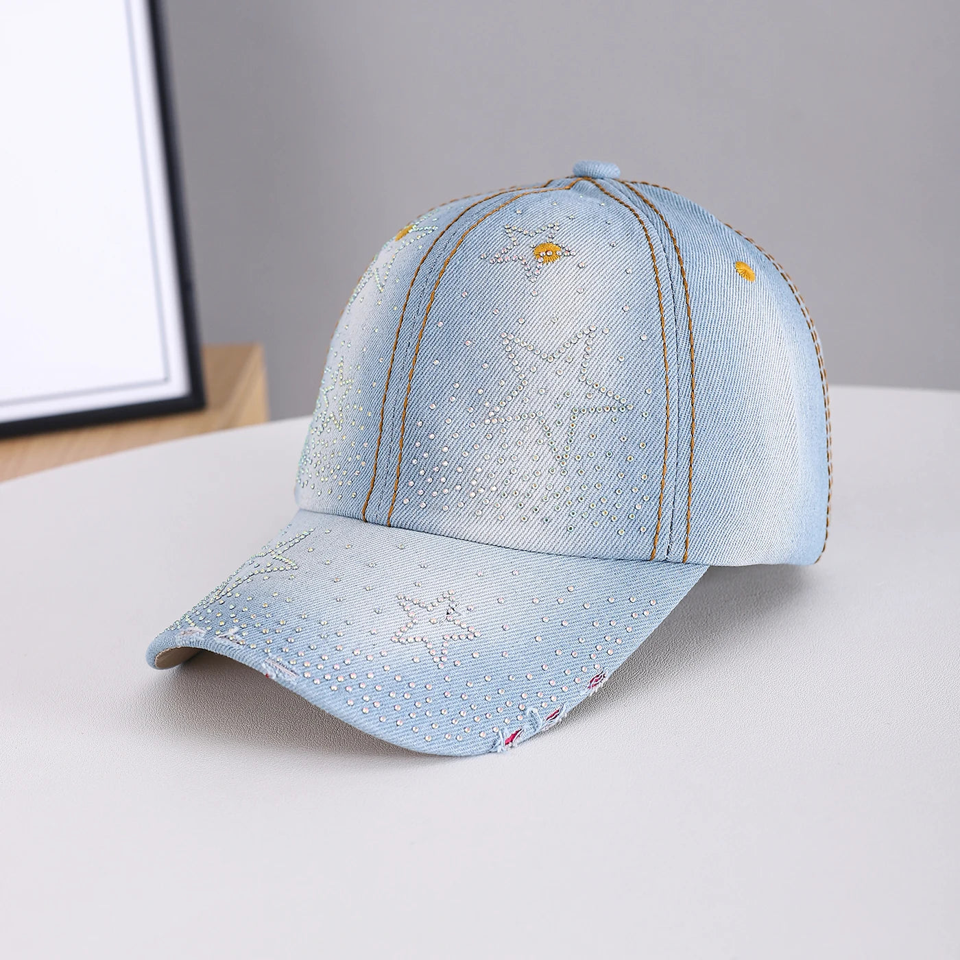 Rhinestone Five-Pointed Star Denim Distressed Baseball Cap