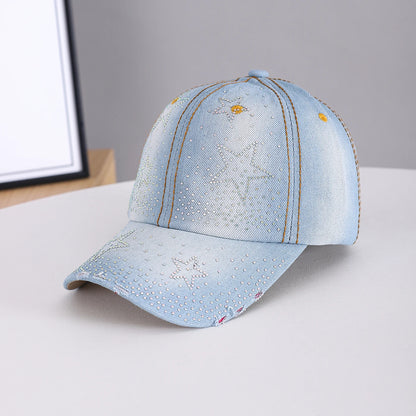 Rhinestone Five-Pointed Star Denim Distressed Baseball Cap