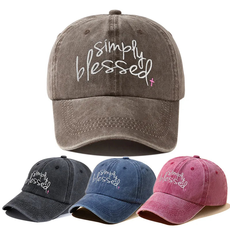 Simply Blessed Wide Brimmed Sunshade, Water Washed Embroidered English Letter Baseball Hat