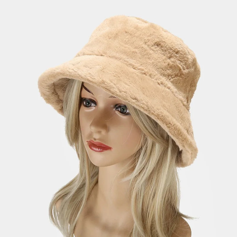 Faux Rabbit Fur Bucket Hat Lady Winter Warm Soft Panama Hat