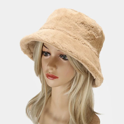 Faux Rabbit Fur Bucket Hat Lady Winter Warm Soft Panama Hat