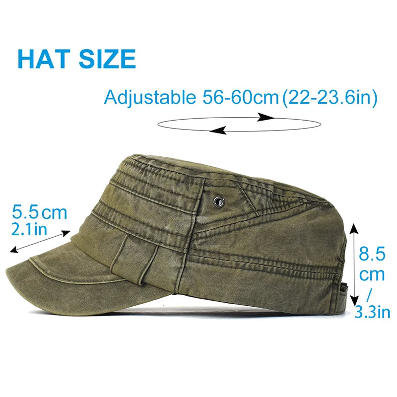 Casual Washed Cotton Flat Top Hat Adjustable Military Caps