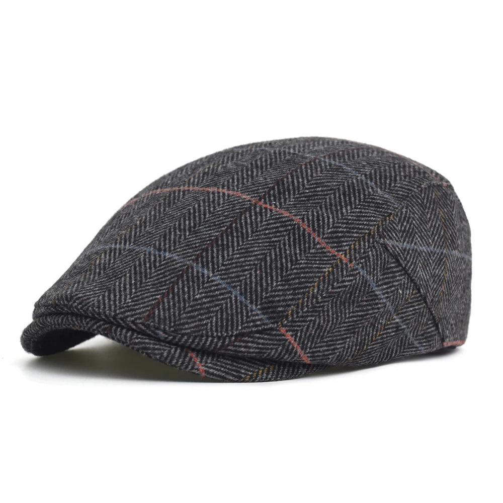 Newsboy Cap Men Winter Thick Warm Vintage Herringbone Casual Stripe Berets Flat Hat