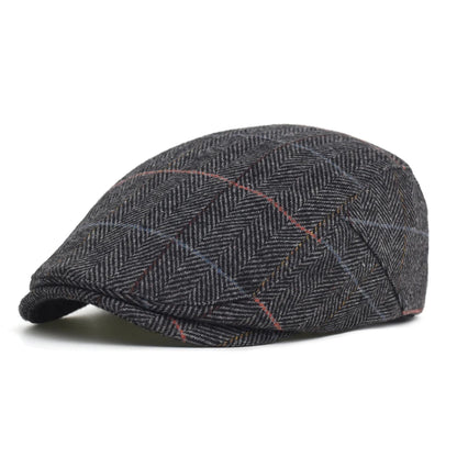 Newsboy Cap Men Winter Thick Warm Vintage Herringbone Casual Stripe Berets Flat Hat