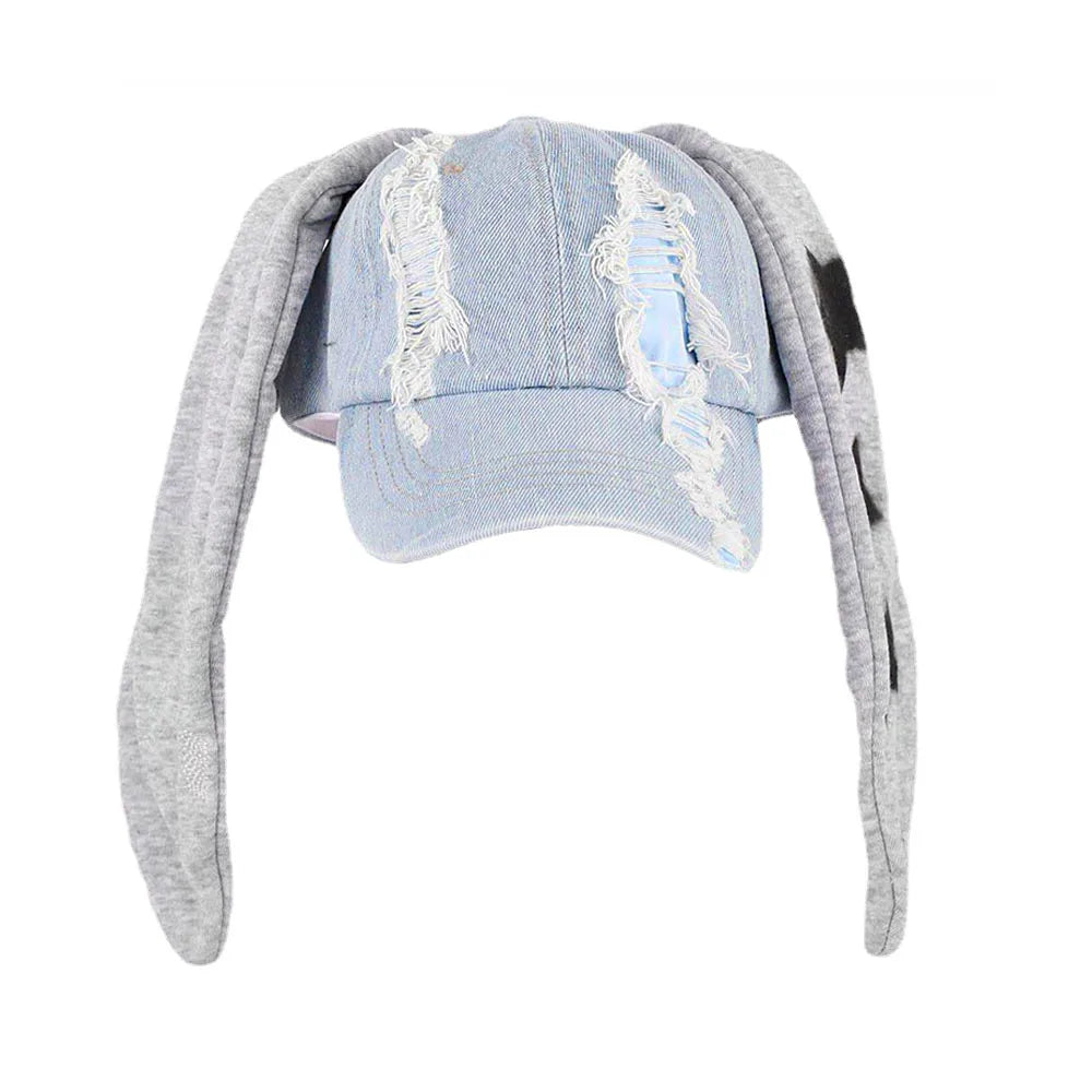 New MinJi Haerin Omg Stage Long Rabbit Ear Hat Y2k Style Denim Blue Baseball Cap