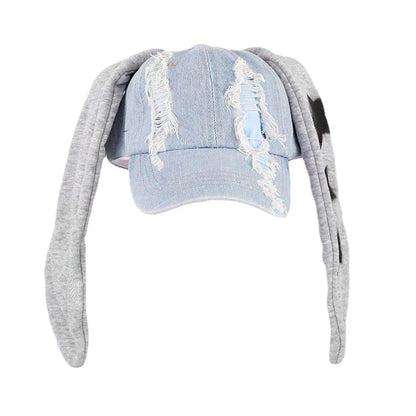 New MinJi Haerin Omg Stage Long Rabbit Ear Hat Y2k Style Denim Blue Baseball Cap