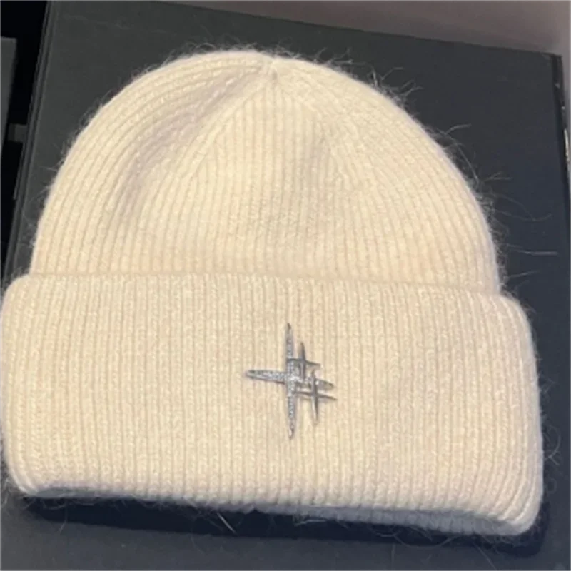 Women Luxury Rhinestone Logo Warm Wool Ear Hat