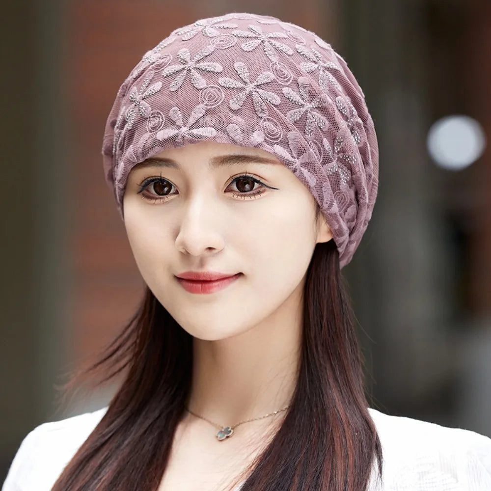 Lace Flower Beanies Cap Hollow Out Elegant Thin Crochet Slouchy Hat