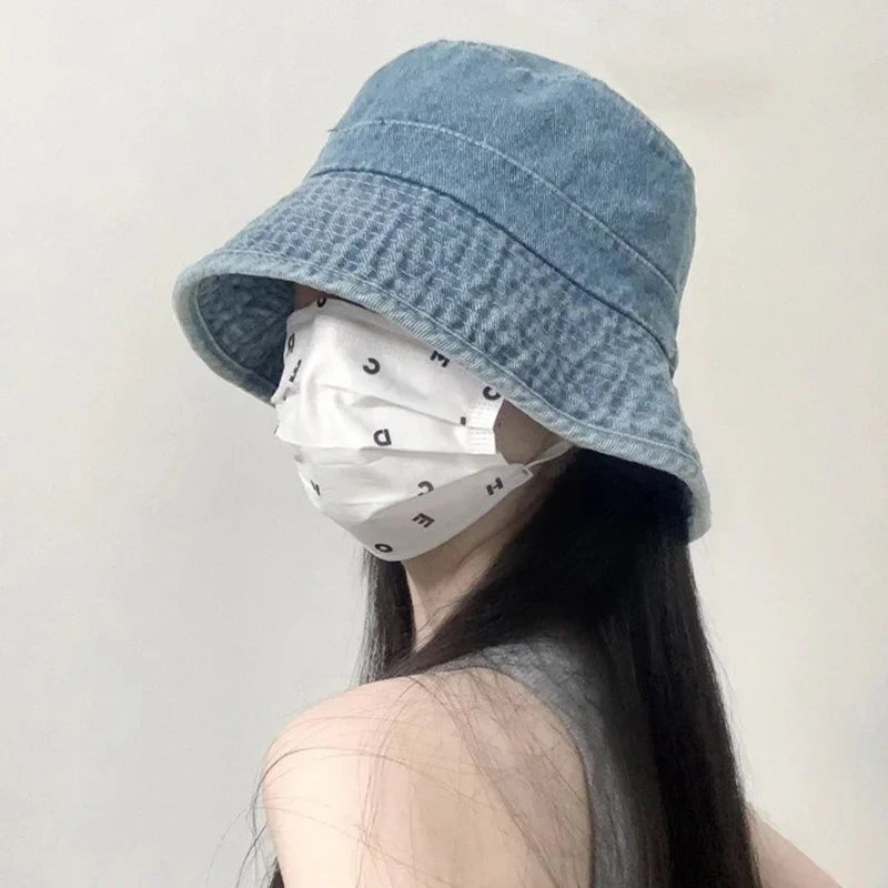 Solid Color Denim Bucket Hat Women Retro Washed
