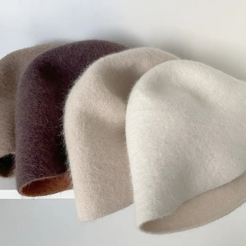 High Quality Double-Sided Wear Beanie Women Pure Wool Angora Rabbit Bucket Hat