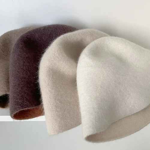 High Quality Double-Sided Wear Beanie Women Pure Wool Angora Rabbit Bucket Hat