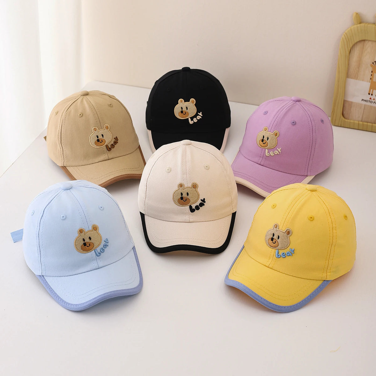 Child Sized Cute Bear Head and Bear Letter Embroidery Baseball Cap Adjustable Back Strap Suitable For Daily Wear