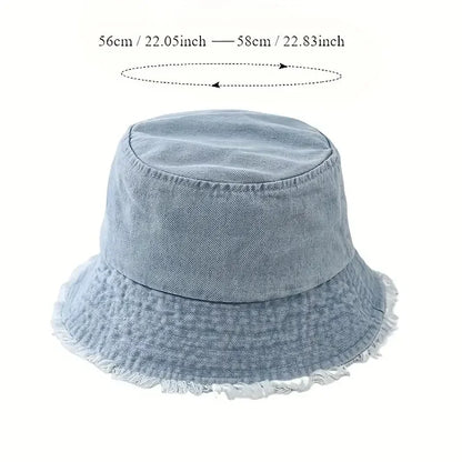 Durable Unisex Denim Bucket Hat - Frayed Brim Cotton Basin Foldable