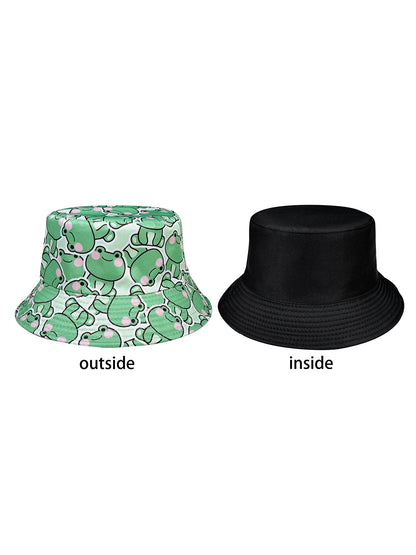 Cartoon Playful Frog Bucket Hat, Beach Sun Hat, Reversible, Foldable Stylish Bucket Hat