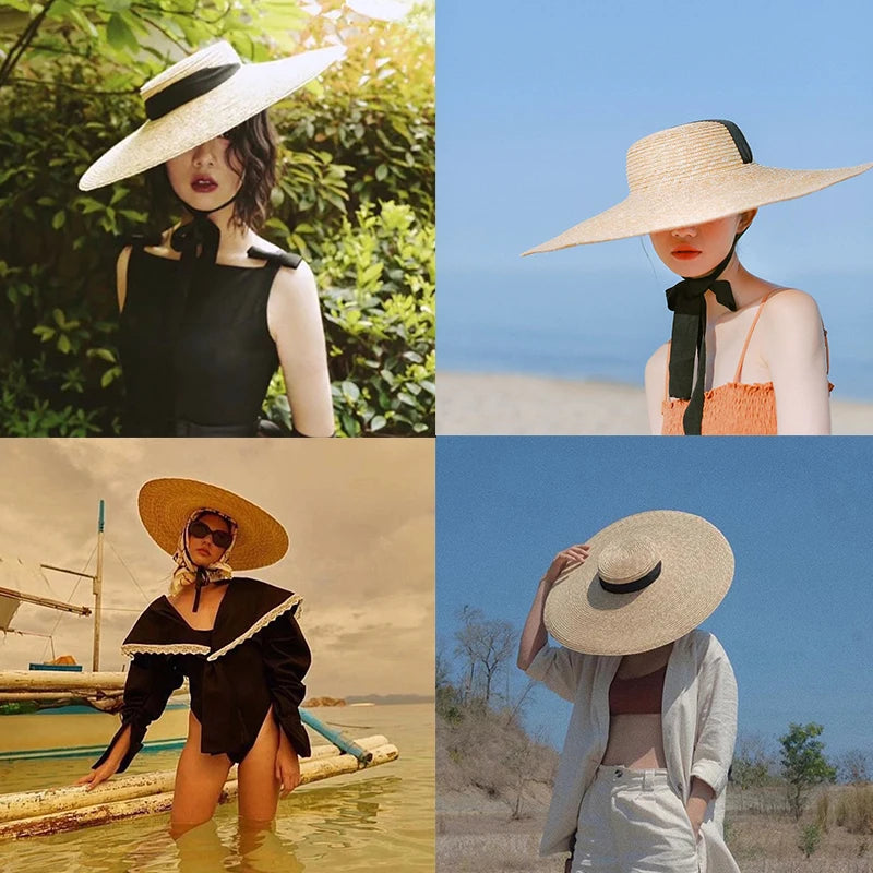 Summer Raffia Women Long Ribbon Wide Brim Beach Hat