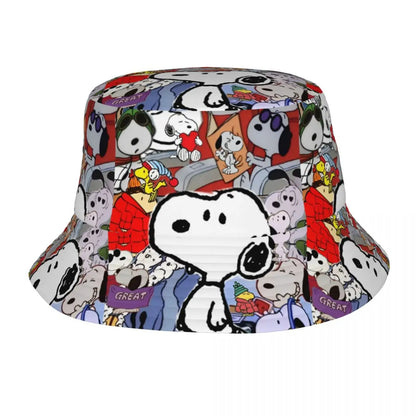 Trendy Snoopys Dog Bucket Hats Women Men Outdoor Sports Cartoon Heart Fishing