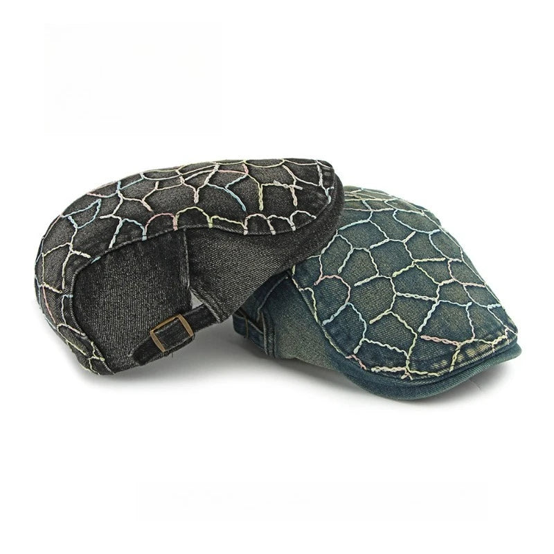 Embroidery Denim Ivy Cap Men Adjustable Buckle Flat Beret Hat
