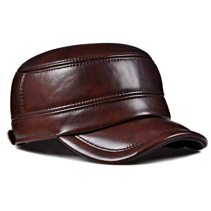 Winter Genuine Leather Cap Men's Flat Caps Military Hat