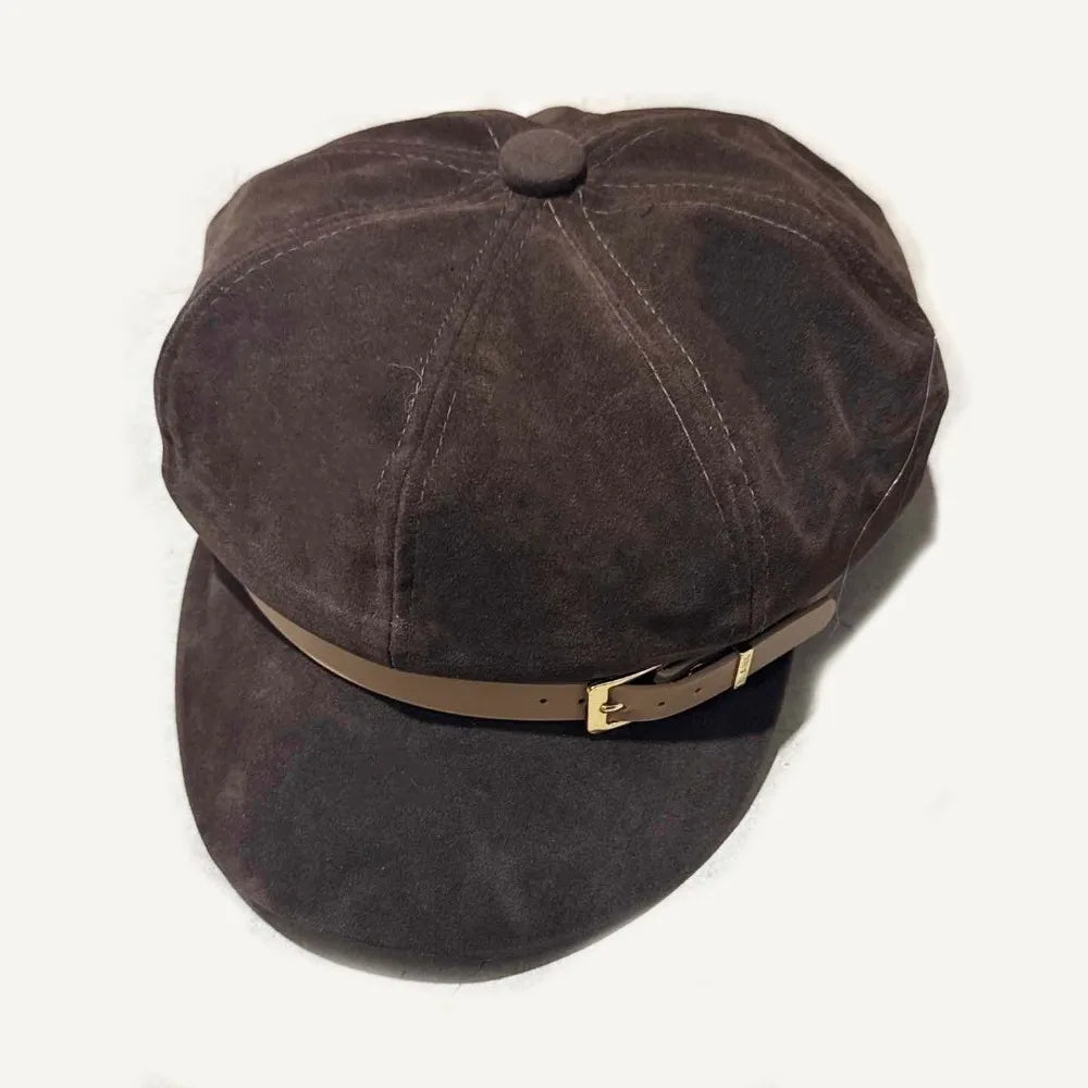 Fashion British Style Pu Leather Beret Belt Buckle Retro Suede Octagonal Hat
