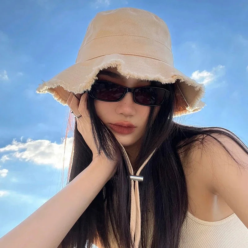 Women Solid Color Sunshade Bucket Hat Soft Cotton