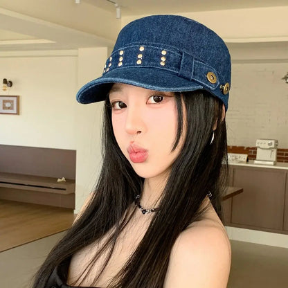 Personality Cloth Rivet Denim Beret Y2k Washed Denim Equestrian Hat