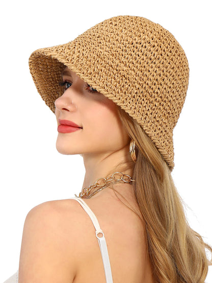 Summer UV-Protect Crochet Straw Bucket Hat