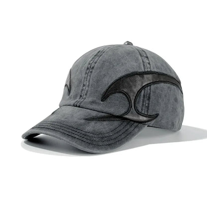 Dark Flame Embroidered Denim Baseball Cap - Washed Distressed Trucker Hat