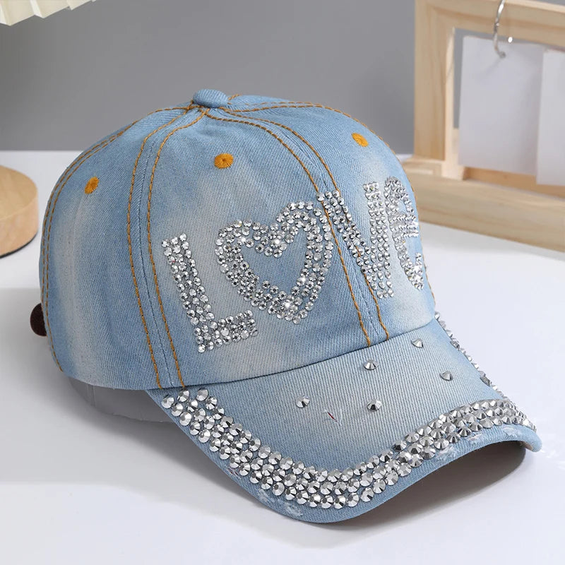 A Women’s Sparkle Bling Rhinestone Bejeweled Cotton Denim Baseball Cap