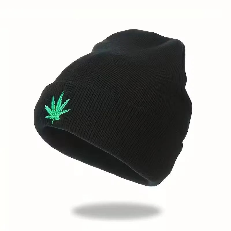 Fashion Leaf Embroidery Knitted Hat For Men Women Teens