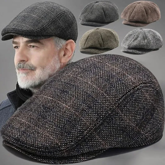 Men Retro Beret British Hats Wool Blend Vintage Herringbone Tweed Men