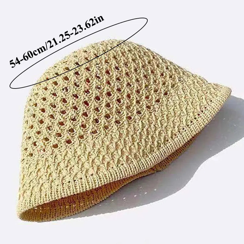Straw Dome Weave Bucket Hat Hollow Out Breathable Sun Hats