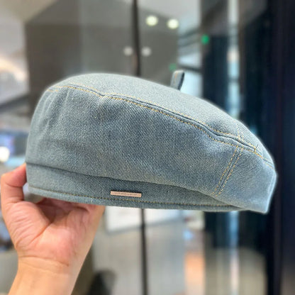 New Denim Beret Hat For Women Vintage Washed Blue Jeans