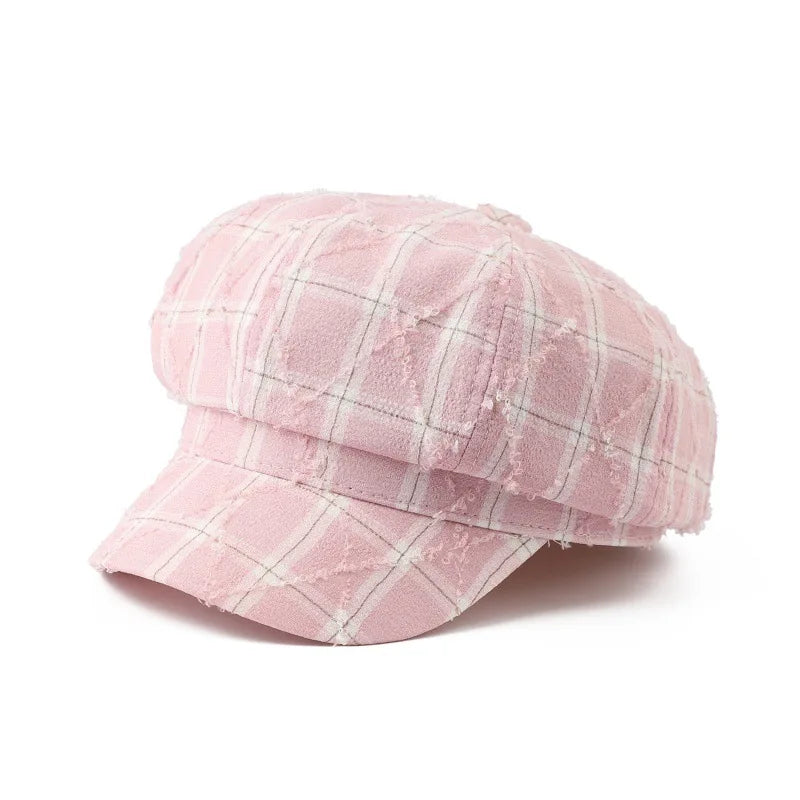Korean Fashion Plaid Women's Berets Spring Autumn Octagonal Painter Cap