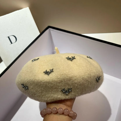 Luxury Rhinestone Stars Women's Wool Beret Winter Warm Beanie Hat