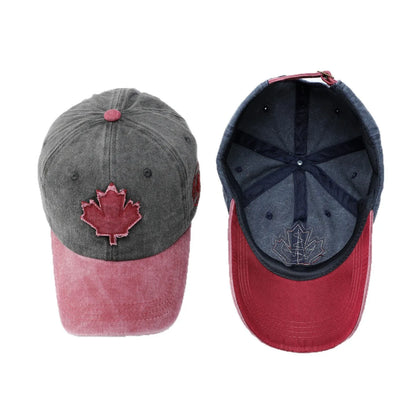 Washed Denim Baseball Cap Maple Leaf Patch Embroidery