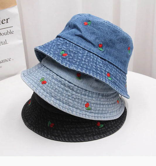 Summer Embroidery Cherry Washed Denim Bucket Hat For Women