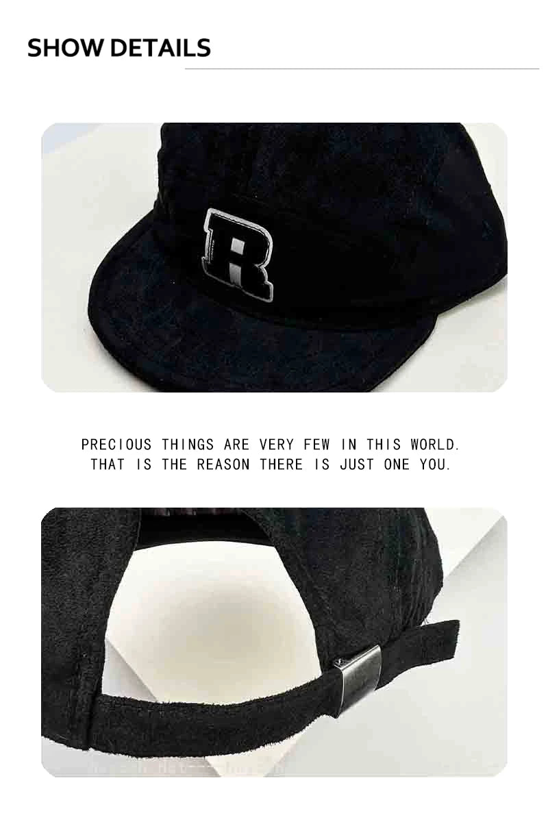 New Korean Patch R Letter Baseball Hats Flat Eave Versatile Suede Peaked Caps Niche Fashion Retro Simple