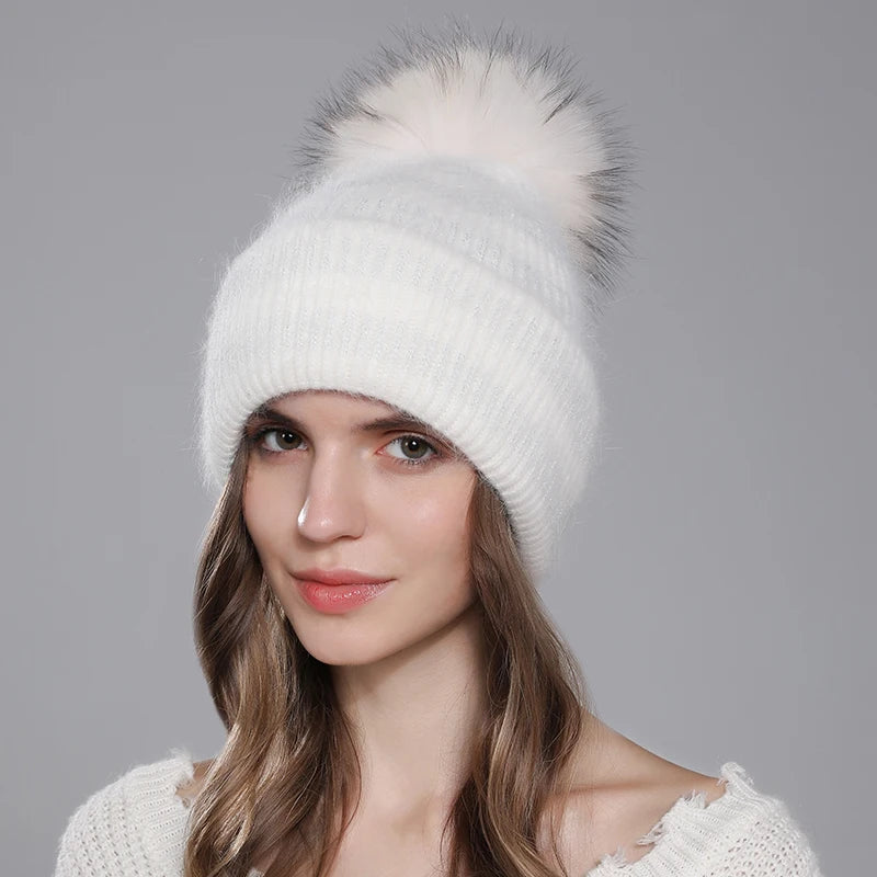 Hat For Women Angora Rabbit Fur Beanies With Natural Raccoon Fur Pompom Hats