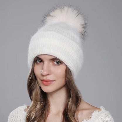 Hat For Women Angora Rabbit Fur Beanies With Natural Raccoon Fur Pompom Hats